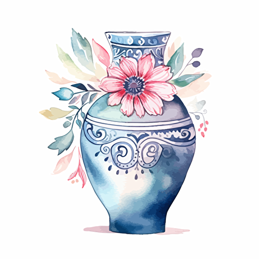watercolor vector illustration boho porcelain vase sticker white background
