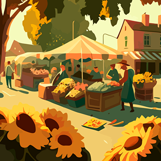 Influenced by Vincent van Gogh's "Sunflowers," create a vector illustration of a countryside farmers' market where the stalls are adorned with sunflowers, and people are browsing the fresh produce. Set the scene on a sunny morning.