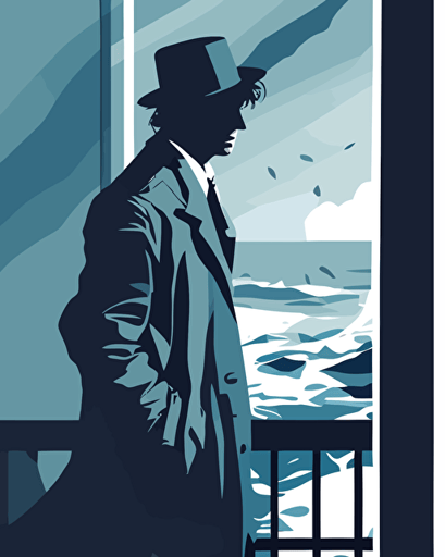 Abstract illustration vector in muted colors blue of sea, style Jack Vettriano