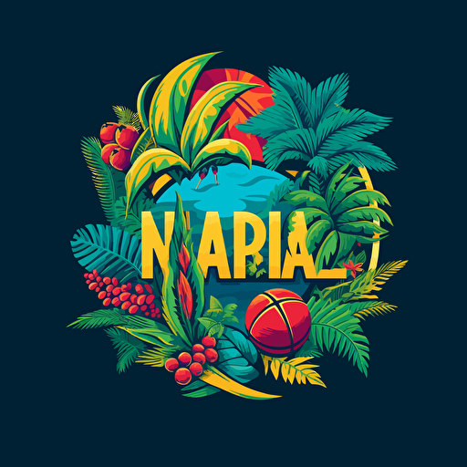 vector nba logo, brazilian, tropical theme, with text "TROPICALS" in the bottom, green, blue, yellow, closed shape