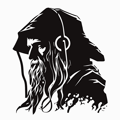 minimalistic iconic logo of Gandalf wizard wearing headphones, black vector, on white background