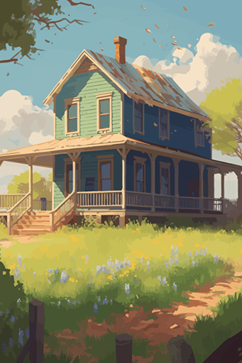 texas farmhouse in spring, wrap around porch, cozy and sweet, bright light, colorful, bluebonnets, vector art, concept art