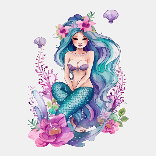 mermaid, detailed, cartoon style, 2d watercolor clipart vector, creative and imaginative, floral, hd, white background