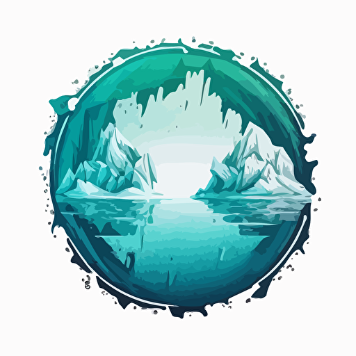 Vector artwork, of two icebergs inside a circular ice crystal, minimalistic, simple, color woodcut artwork, vector, logotype, white background