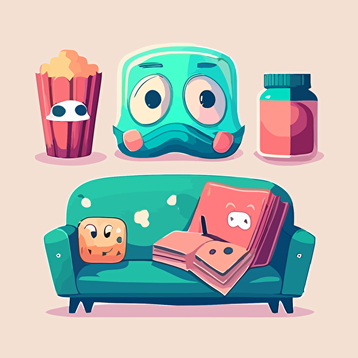 cute flat vector illustrations of face mask, book, couch and movie.