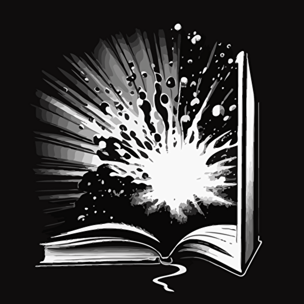 black and white vector illustration of a hard-cover book front view, open and a universe is rapidly pouring out of it. transparent background. DO Camera: High-resolution DSLR camera DO Scenes: "Cosmic Explosion" scene DO Film Types: "Galactic Burst" film type DO Lens Sizes: Wide-angle lens Lens Filters: "Starburst" filter DO Camera Settings: Aperture: f/8 Exposure: 2 seconds Color: Vibrant and saturated White Balance: Cool tones to enhance the cosmic feel DO Focus and Depth of Field: Focus: Sharp focus on the exploding universe Depth of Field: Shallow depth of field, with the book slightly blurred in the background to create a sense of depth and dimension Zoom, Pan, and Tilt: Zoom in on the exploding universe to capture the details of the cosmic explosion Megapixel Resolutions: High resolution, 20 megapixels or higher, to capture the intricate details of the exploding universe Artists' Names for inspiration: Salvador Dali, Vincent van Gogh