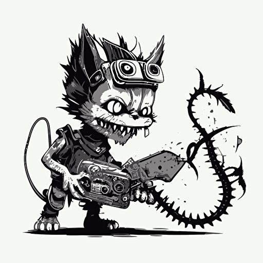 scary cat monster bring a chainsaw, digital art, vector, contour, white background