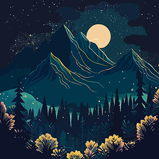 a flat illustration of a forest mountain horizon by killian eng, adobe illustrator, vector, poster Van Gogh starry night