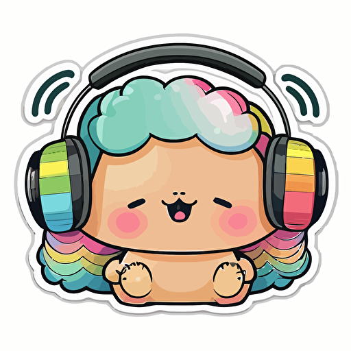 sticker, happy colorful shihpooh wearing headphones, kawaii, contour, vector, white background