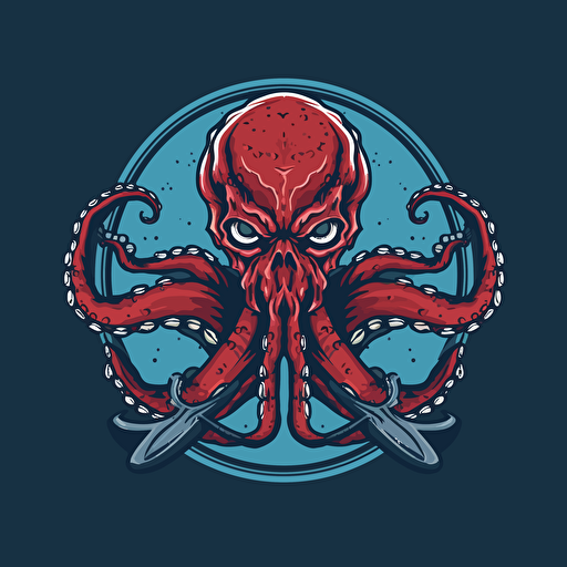 military logo style vector image of an angry octopus in animation style, the octopus is attacking to the right with a trident