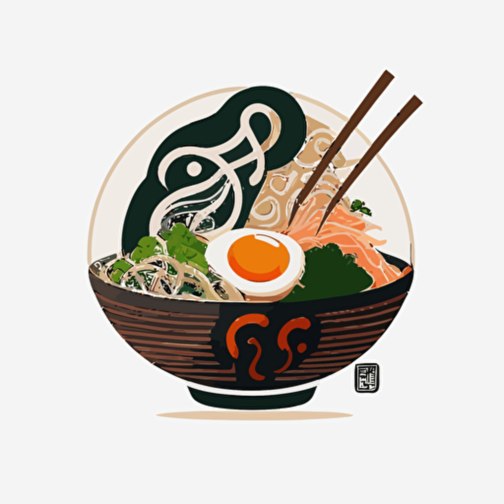 logo, combination mark, a bowl of ramen with meat and vegetables, vector, simple, flat, low detail, minimal, white background