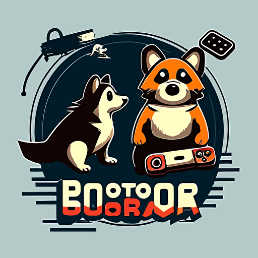 a raccoon and a dog playing videogames logo, simple, vector