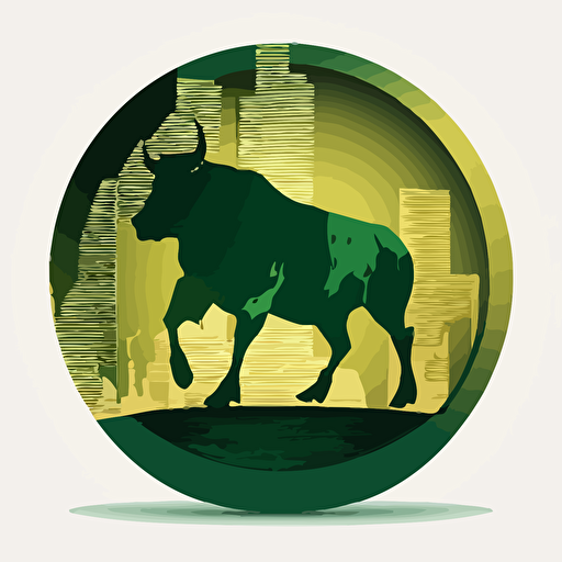 golden 2D green circle with wall street gold Bull silhouette inside, vector.
