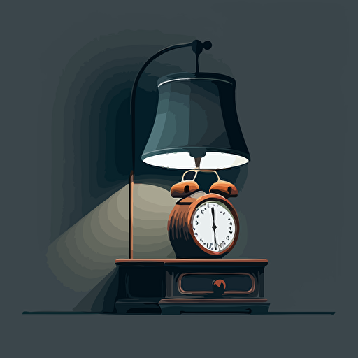 illustrated scene of a nightstand with an alarm clock and a lamp. Vector. Moody. Detailed. Contrasting shadows