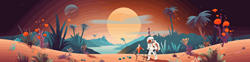 astronauts celebrating and gardening in a bird of paradise tropical garden and gold sand beach on mars, exotic flower, exotic birds, vibrant colors, milky way galaxy background, soft daylight on mars, vector art, dreamy, serene,