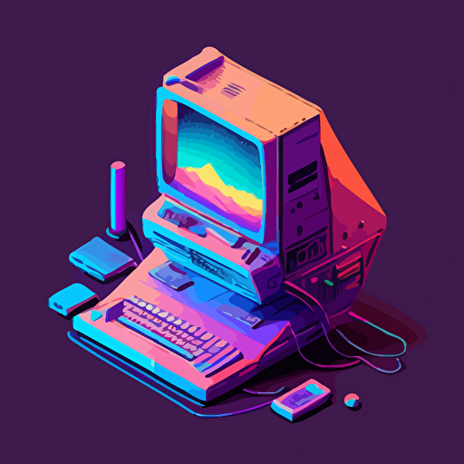 old computer, digital art, vector, long shadow, 45 degree point of view, by Grant Riven Yun , synthwave colors