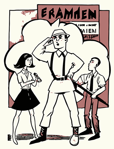 Ben Shahn, American comics inner paper style. There are an Asian young climate activist, a delivery rider, a female human rights activist, and a worker, and they imagine a "hammer" together on a big stage, hammer illust in a thought cloud, non-letter illustration. white background, vector drawing.