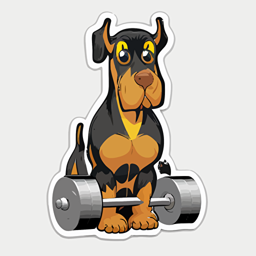 vector happy Doberman with cropped ears puppy sitting next to a dumbell sticker+ white background + vibrant yellow brown and black colors + cartoon
