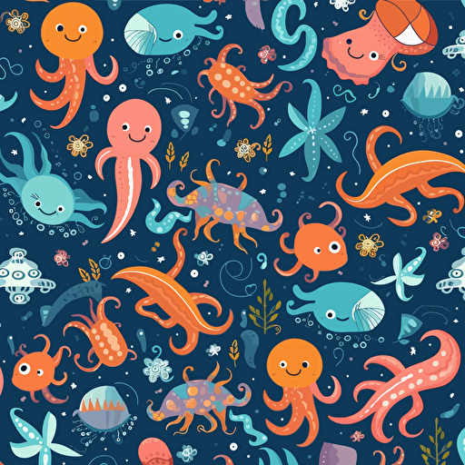 flat pattern in a cartoonish style, fun, playful, design should include octopus, sharks, fish, starfish, and stingrays, color scheme should be pastel and soft, whimsical and dreamy feel, vector, illustration