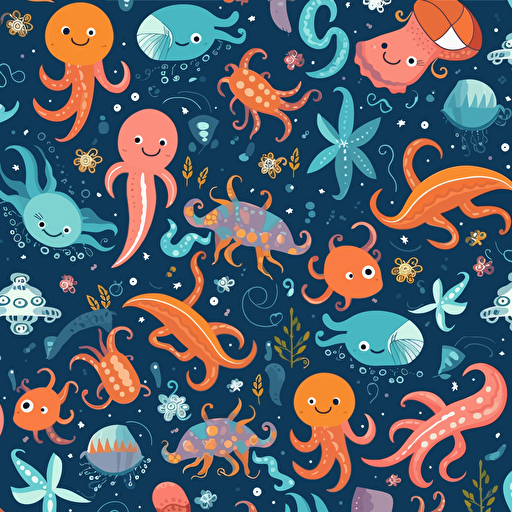 Flat pattern in a cartoonish style, fun, playful, design should include octopus, sharks, fish, vector illustration