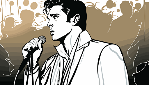 A nostalgic portrayal of Elvis Presley in his signature white jumpsuit, with a microphone in hand and a subtle smile on his lips, The style of the artwork is classic and timeless, with a romantic mood that captures the enduring popularity and legacy of the King of Rock and Roll, The lighting is warm and inviting, suggesting a cozy, intimate setting, vector, contour, white background