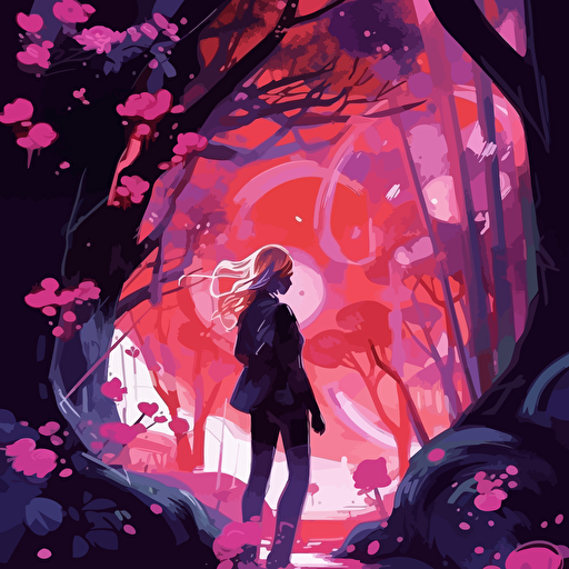 desinge, vector, deep pink, japanese style, cheery blossoms, fireflys, in the style of becky cloonan, john watkiss
