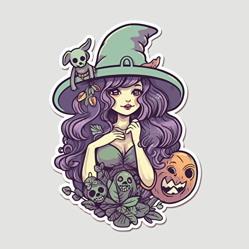 witchy, Sticker, Lovely, Muted Color, Disney, Contour, Vector, White Background, Detailed
