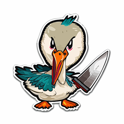 goose with knife in mouth, angry, colorful, sticker, vector, kawaii, white background