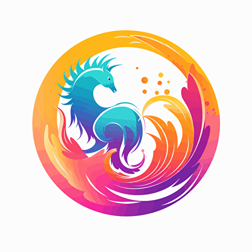 combination of unicorn and phoenix, colourful vector style, bending in itself, unicorn horn, phoenix tails, fire around it, in a roundel similar to the firefox logo