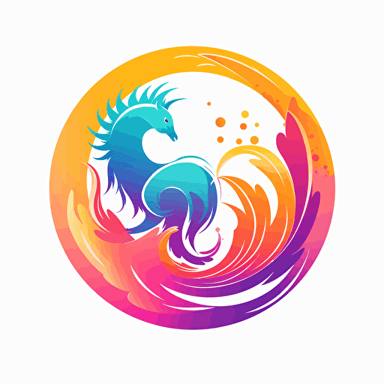 combination of unicorn and phoenix, colourful vector style, bending in itself, unicorn horn, phoenix tails, fire around it, in a roundel similar to the firefox logo