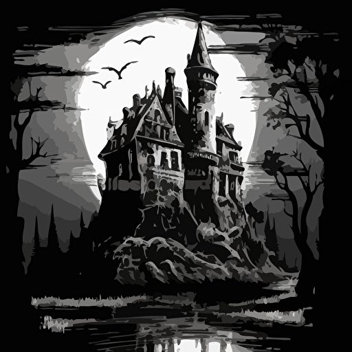 Gustave Dore style, black and white vector illustration of castle black and white painting , horror, goth theme