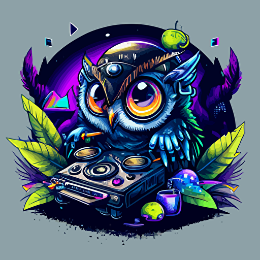 an odd little creature from another dimension DJing, colourful, logo design, vector, illustration, super detailed