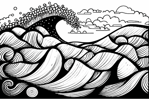 Svg vector drawing, doodle style, detailed sharp artwork, waves, by Karla Gerard, black thick outline on white