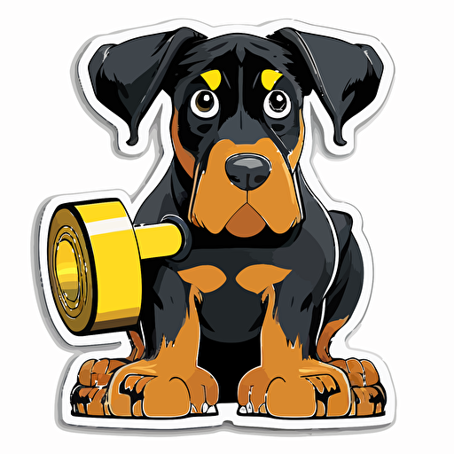 vector happy Doberman puppy sitting next to a dumbell sticker+ white background + vibrant black and brown and yellow+ cartoon