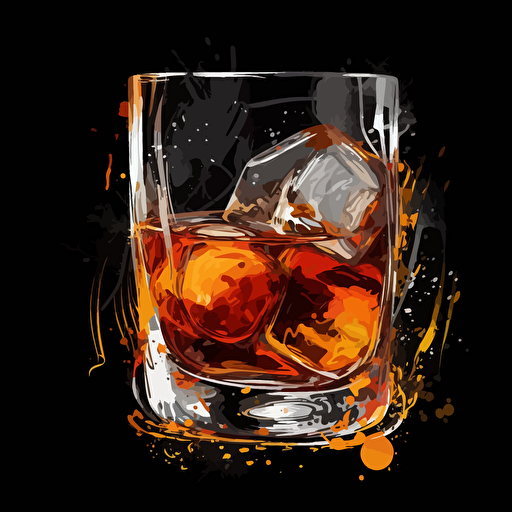 old fashioned cocktail,whiskey glass,Black background, abstract paiting,vector,high detail