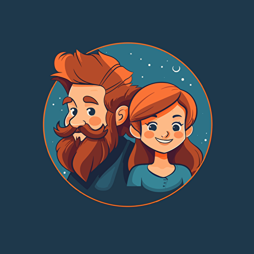 fantasy boy and girl front view, beard, happy, circle, round, simple, simplistic, logo, vector