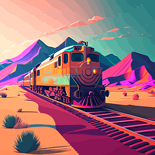 a old train, flat landscape, digital art, vector, long shadow, 45 degree point of view, by Grant Riven Yun , synthwave colors