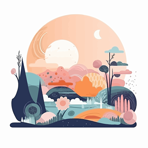 boho abstract landscape with sun and moon, pastel, 2d flat vector, flat colours, on a white background