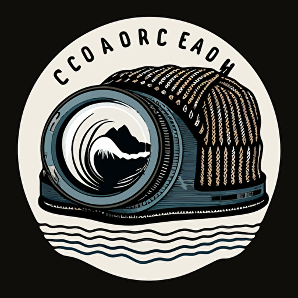 a simple 2d vector minimalistic logo of : a cob looking knit beanie using a dslr camera that has a wave breaking in the lens