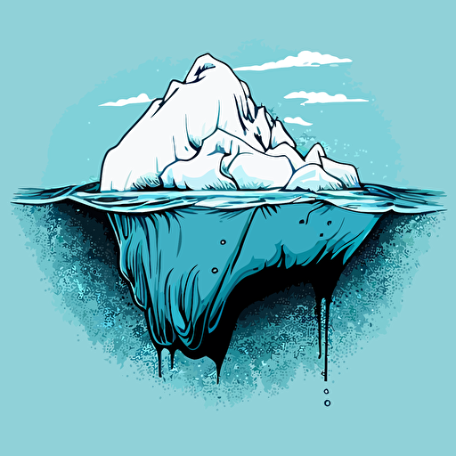 an iceberg floating in big blue water, in the style of back and white vector and doodle