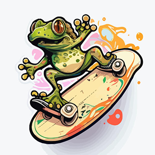 Frog on a skateboard, Sticker, Ecstatic, Matte, Cartoon, Contour, Vector, White Background, Detailed