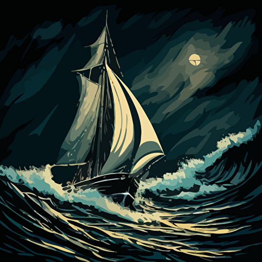 single-masted mono hull sailboat at night in rough seas, vector style