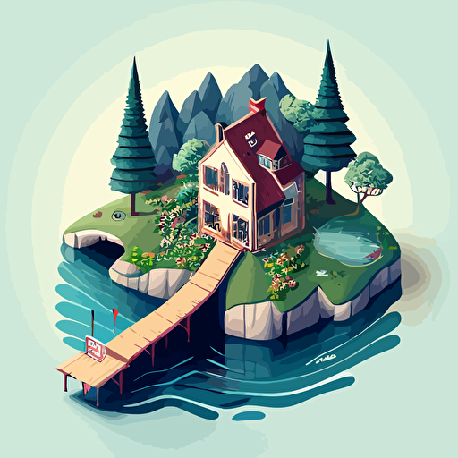 Cartoon vector isometric image of a house on a small island over a large lake with a bridge leading to it