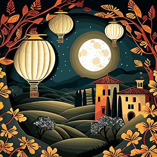 full moon over Tuscan style countryside and the corners of artwork covered fully with chinese lanternview corner covered fully with chinese lanterns formed only by italian renaissance patterns in vector art style