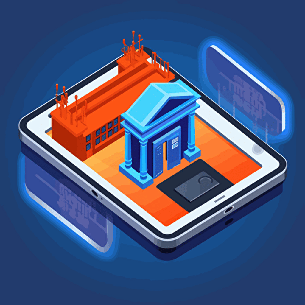 flat vector icon, ruggedized tablet in front of a prison, blue and orange and white and dark gray, isometric