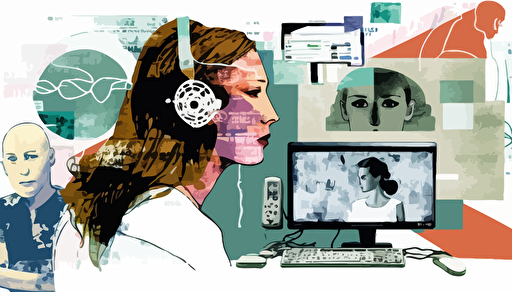 mixed media collage of user-testing, slightly arty, white space, vectorize, flat colour