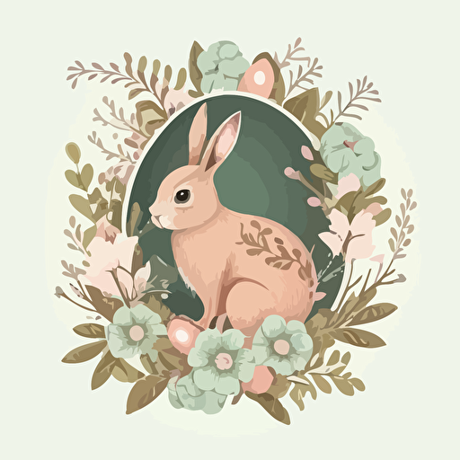 Easter rabbit, in soft colors, vector illustration, surrounded with painted eggs, flowers and leaves, as for postcard