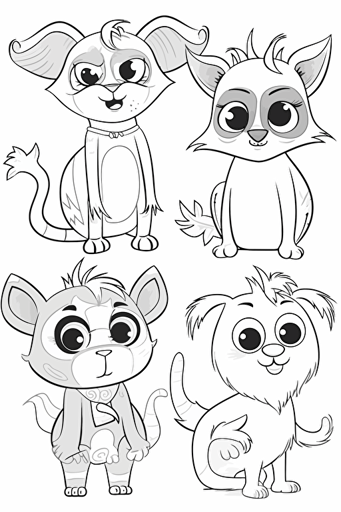 coloring pages for kids, 4 different animals separated by space, cartoon style, vector, little detail, no shadow, black and white, white background