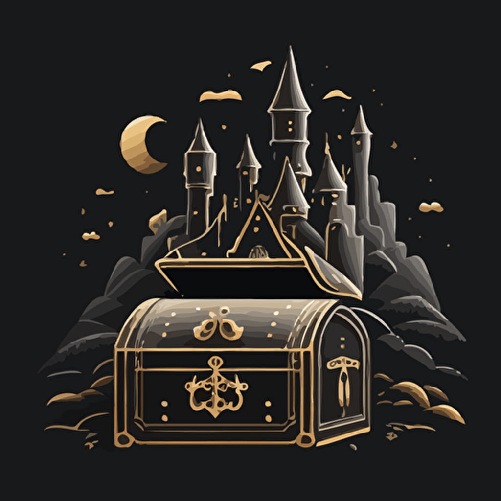 minimalistic simple vector of chest and castle, silver and gold, black background