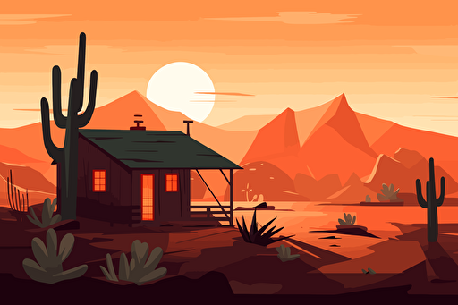 vector art of a home in the desert with cactus in front and mountains in the background with the sun in the sky